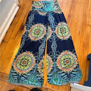 Boho Mandala Print Wide Leg Palazzo Pants - Navy & Multi